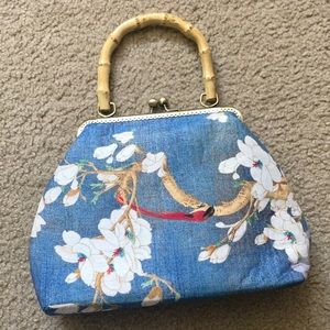 Floral print handbag with bamboo handles